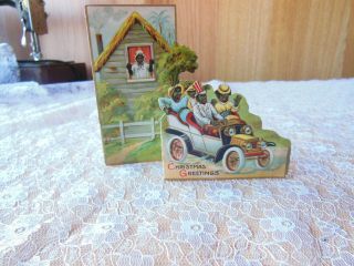 Victorian Christmas Card/cut - Out Black Figures In A Car/stand - Up/raphael Tuck