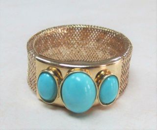 14kt Yellow Gold Mesh Ring With Turquoise Stones Size 9,  2.  2grams Cs - 2227