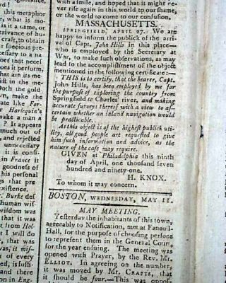 President George Washington & Henry Knox Secretary Of War Letters 1791 Newspaper