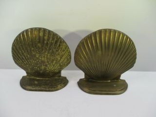 Set Of Vintage Solid Brass 5 " Tall Clam Sea Shell Bookends Nautical Beach Decor