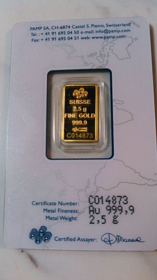 PAMP Suisse Fortuna 2.  5 Gram Fine Gold Bar Bullion in Vintage Assay Card 999.  9 2