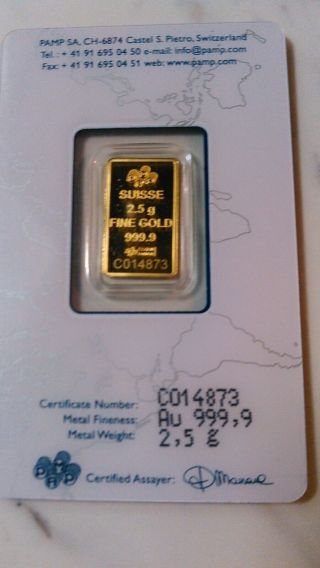 PAMP Suisse Fortuna 2.  5 Gram Fine Gold Bar Bullion in Vintage Assay Card 999.  9 3