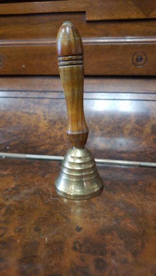 Antique Vtg Small Brass Wood Handle Teachers Hand Held School Bell
