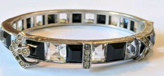 Art Deco Sterling Black & Clear Crystal Channel Set Belt Buckle Bangle Bracelet