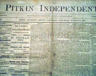 Very Rare Pitkin Gunnison County Colorado Mining Miners Camp 1881 Old Newspaper