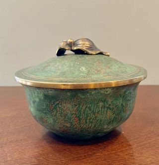 Art Deco Carl Sorensen Verdigris Bronze Lidded Bowl Flower Finial Patinated