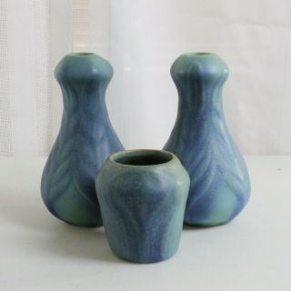 Vintage Van Briggle Pottery Stylized Turquoise Leaves 3 Piece Vases Set