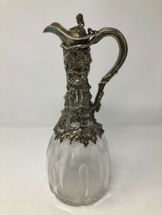 Antique French Silver Plate Grape & Vine Cut Crystal Wine Decanter 12.  5 "