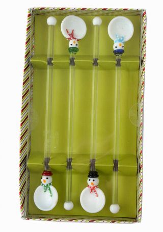 Pier 1 Imports Set Of 4 Swizzle Sticks Holiday Glass Snowman Drink Stirrers,