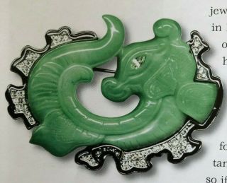 Kjl Signed Vintage Kenneth Jay Lane Carved Jade Dragon Peking Green Glass Brooch