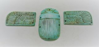 Circa 664 - 332bc Ancient Egyptian Glazed Faience Winged Scarab Heiroglyphics