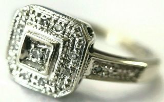 Vintage Deco 10k White Gold Diamond Accent Square Shaped Ring,  Size 7,  3.  4 Grams