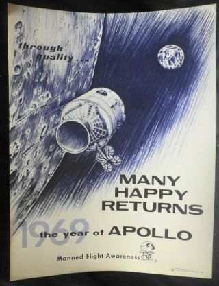 Vintage 1969 Nasa Poster Snoopy Year Of Apollo Many Happy Returns Moon Module