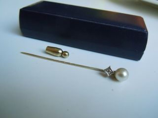 Imper.  Russian 56 Gold Tie Pin With Real Diamond And Pearl Faberge Design C.  1917