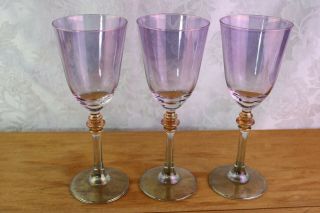 Set Of 3 Iridescent Wine Glasses Purple Bowl Green Stem Yellow Amber Wafer Stem
