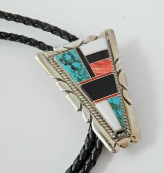 Vintage Sterling Silver Zuni Turquoise Inlay Bolo Tie
