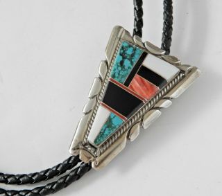 Vintage Sterling Silver Zuni Turquoise Inlay Bolo Tie 2