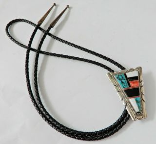 Vintage Sterling Silver Zuni Turquoise Inlay Bolo Tie 3