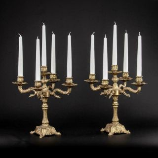 Candelabra Pair | Two Bronze Candle Holders | Gilded 5 Lights Arms | 12.  6 "
