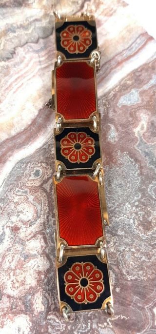 vintage David Andersen sterling &enamel bracelet burnt red and flower sections 2