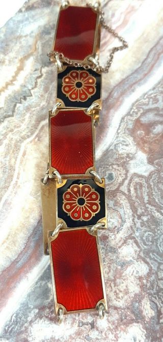 vintage David Andersen sterling &enamel bracelet burnt red and flower sections 3