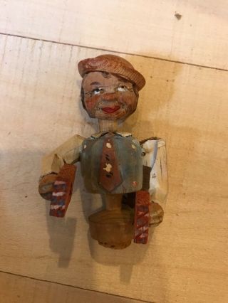 Vintage Hand Carved Wooden German Man W/ Bottle Stopper Cork,  Mechanical