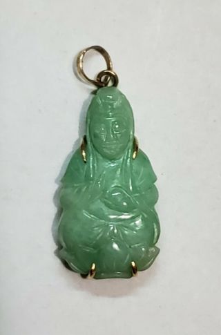 Vintage Chinese Carved Mottled Green Jade & 14k Yellow Gold Buddha Pendant
