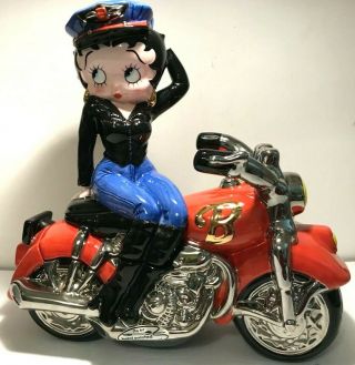 Hand Painted Clay Art Betty Boop In Jeans On Motorcycle Cookie Jar & Bonus S&p