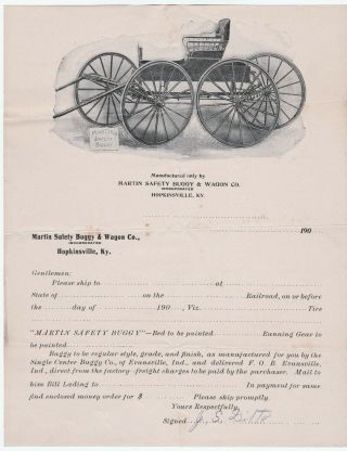 Rare Billhead / Receipt - Martin Safety Buggy Wagon Company Hopkinsville Ky 1900