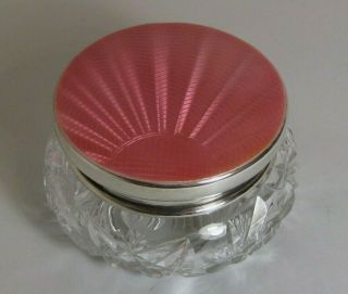 Art Deco Daniel M Co Sterling Silver & Pink Guilloche Enamel Lidded Vanity Jar