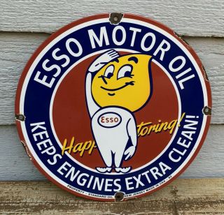 Old 1962 Esso Motor Oil Porcelain Pump Plate Sign With Boy Oil Drop