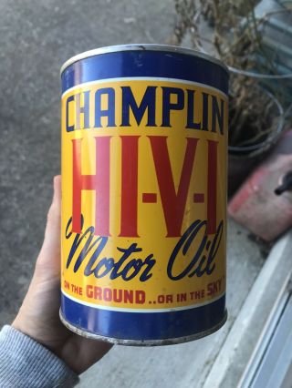 Antique Champlin Hi Vi Motor Oil Can Yellow Blue Gift For Him Full