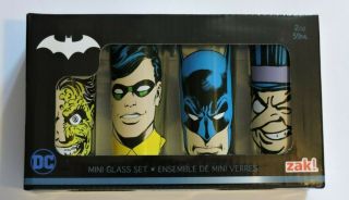Zak Dc Comics Batman,  Robin,  Penguin,  Two Face Shot Glasses Set