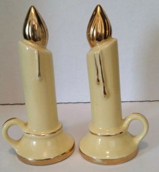 Yellow Gold Candle Stick Salt Pepper Shakers Vintage Japan Made Christmas T90