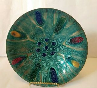 Vintage Mid Century Modern Enamel On Copper Abstract Bowl Signed
