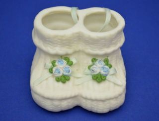 Baby Booties Christmas Ornament Ceramic White With Blue Ribbons And Flowers