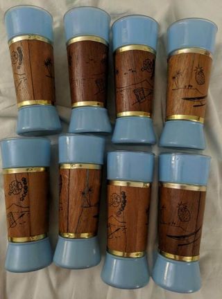8 Vintage Siesta Ware Frosted Glass Tumblers Mahogany Wood Jackets Tiki Tropical