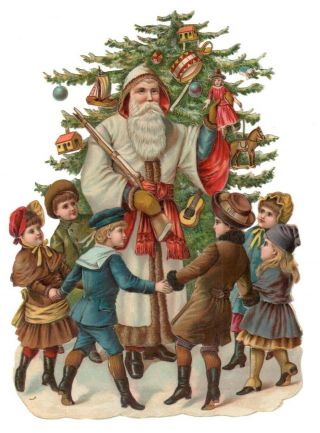 Antique Christmas Die Cut Santa Claus White Coat/cap Kids Rifle Doll Toys Tree