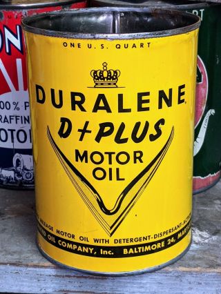 Old Duralene Crown Metal 1 Quart Motor Oill Can Maryland United Baltimore D,