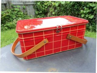 Vtg Red & White Windowpane Plaid Tin Picnic Basket Metal Lunch Box