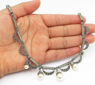 925 Sterling Silver - Vintage Freshwater Pearl & Marcasite Chain Necklace - N2614
