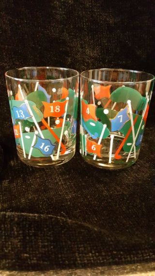 Culver Set Of 2 Double Old Fashioned Golf Themed Barware Glasses.  4 1/8 " Usa