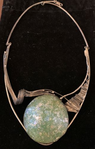 Vintage Avi Soffer Sterling Silver Roman Glass Modernist Necklace Large