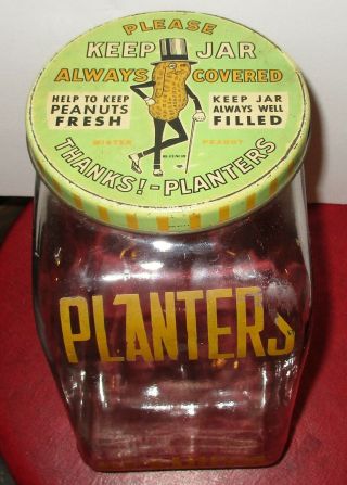 Antique Planters Peanuts Store Counter Top Display Peanut Jar Lithographed Lid