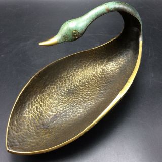 Vtg Pal - Bell Green Hammered Brass Swan Duck Bird Trinket Dish Ash Tray Israel