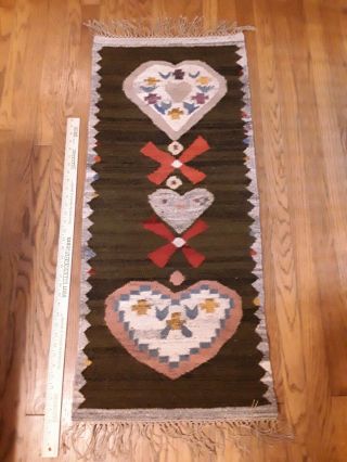 Vintage Mexican Wool Rug Hand Woven Folk Art Heart Design Mexico