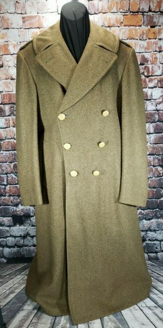 Wwii Us Army Melton Wool Overcoat Od Roll Collar Dated 1942 Size 38l