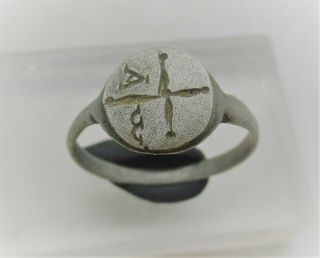 Ancient Byzantine Crusaders Silver Seal Ring With Monogram On Bezel