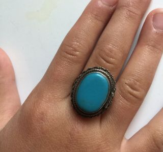 Vtg Taxco 30s Lg Sterling Silver Sb Turquoise Pill Poison Ring Sz6,  7,  8,  9 Sh