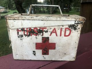Vintage Ww2 Era Red Cross Field Medical First Aid Kit Metal Ammo Can